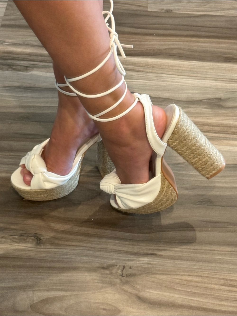 Boohoo White Knot Lace Up Espadrille Platform Chunky Wedges/Heels -US Size 7-7.5